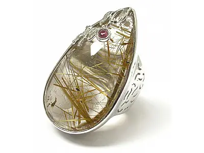 Rutilated Quartz in Silver Ring with Tourmaline accent