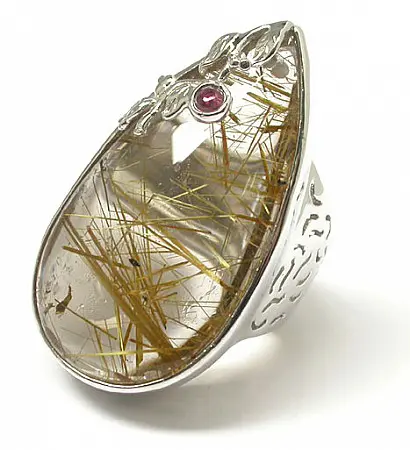 Rutilated Quartz in Silver Ring with Tourmaline accent