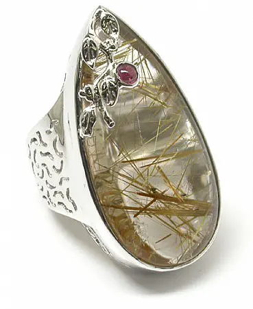 Rutilated Quartz in Silver Ring with Tourmaline accent