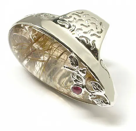 Rutilated Quartz in Silver Ring with Tourmaline accent