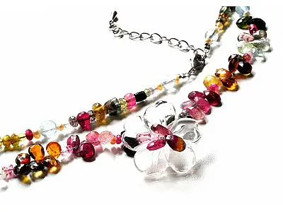 Genuine Tourmaline AAA faceted briolette  Clear Quartz flower long necklace