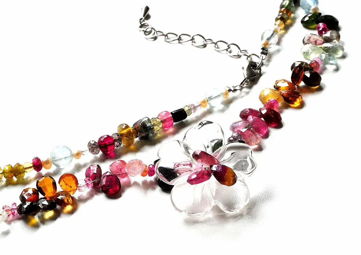 Genuine Tourmaline AAA faceted briolette  Clear Quartz flower long necklace