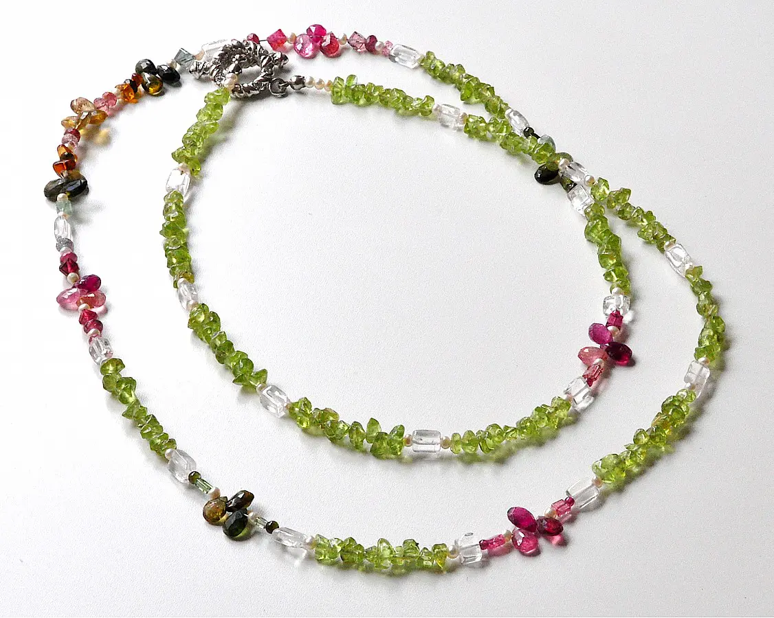 Peridot, Tourmaline, Clear Quartz and Pearl Necklace