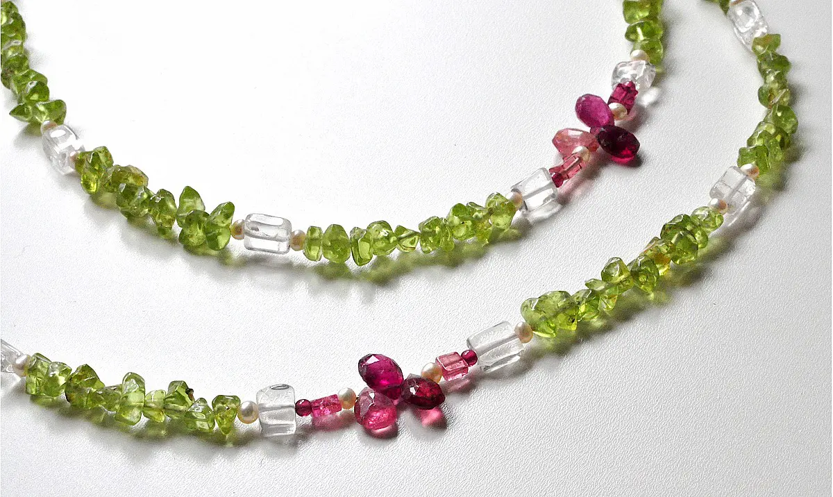 Peridot, Tourmaline, Clear Quartz and Pearl Necklace