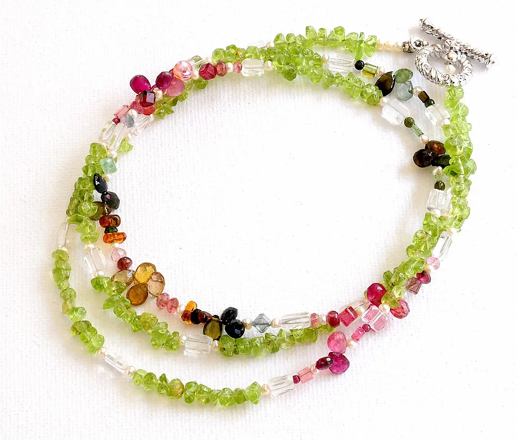 Peridot, Tourmaline, Clear Quartz and Pearl Necklace