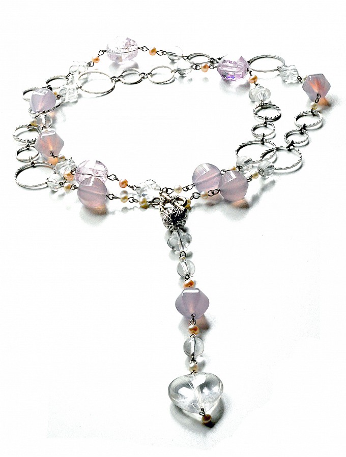 Kunzite, Purple Agate Chalcedony, Clear Quartz, Pearl Necklace
