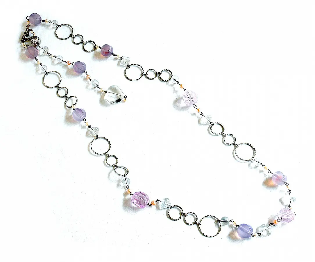 Kunzite, Purple Agate Chalcedony, Clear Quartz, Pearl Necklace