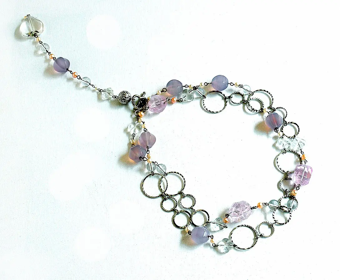 Kunzite, Purple Agate Chalcedony, Clear Quartz, Pearl Necklace