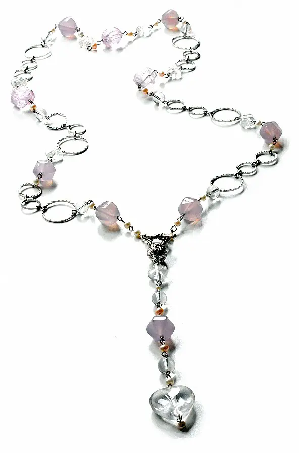 Kunzite, Purple Agate Chalcedony, Clear Quartz, Pearl Necklace