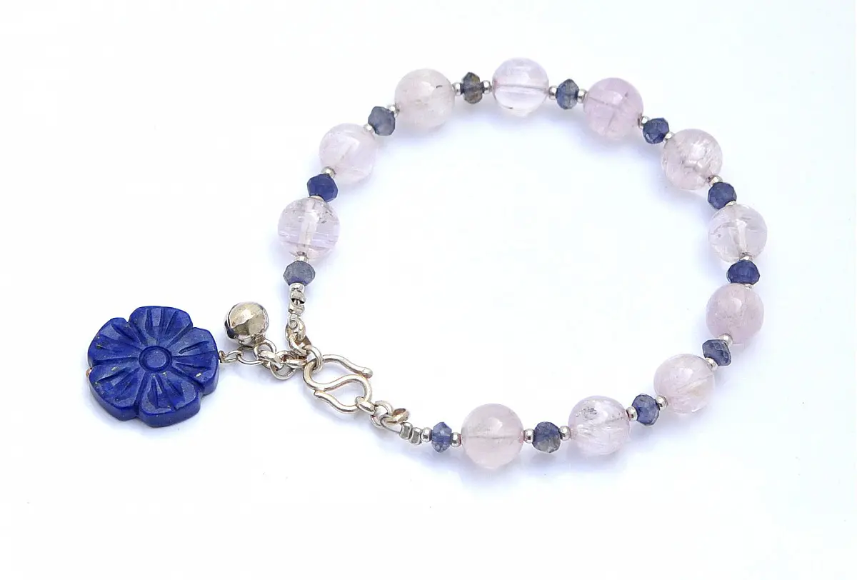 Shining Brilliant Natural Kunzite Iolite Lapis Lazuli Sterling Silver Bracelet