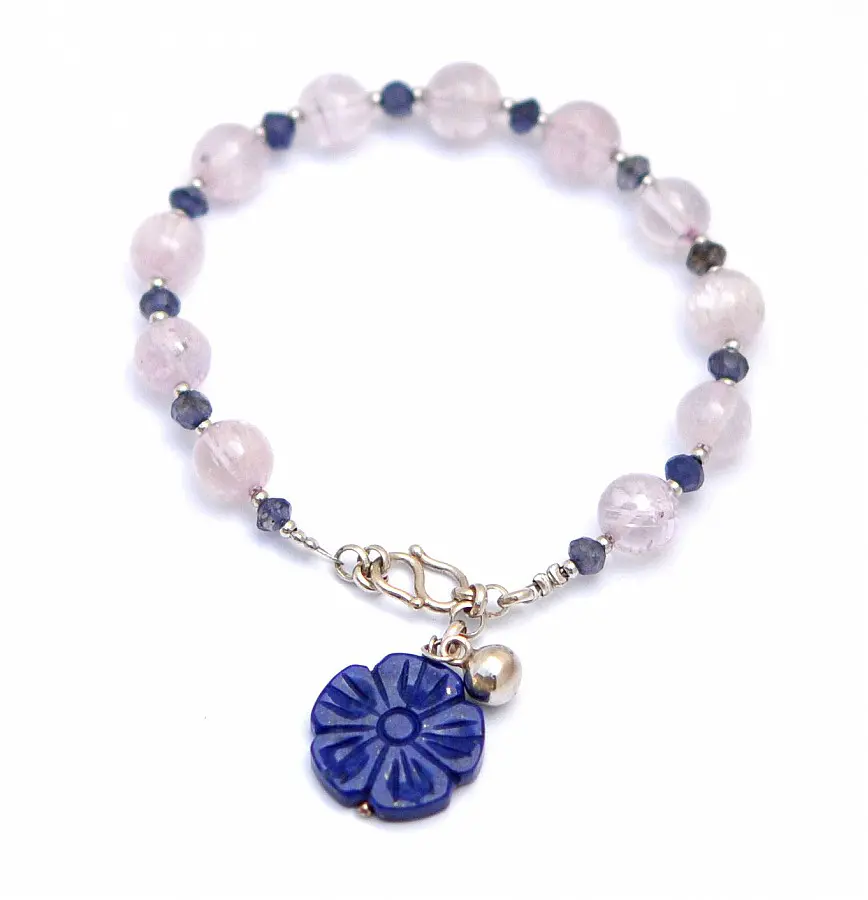 Shining Brilliant Natural Kunzite Iolite Lapis Lazuli Sterling Silver Bracelet