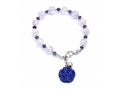 Shining Brilliant Natural Kunzite Iolite Lapis Lazuli Sterling Silver Bracelet