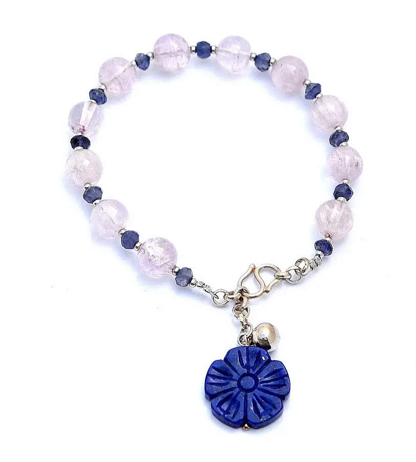 Shining Brilliant Natural Kunzite Iolite Lapis Lazuli Sterling Silver Bracelet