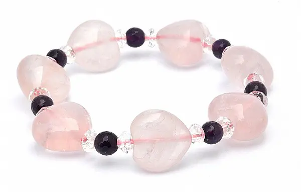 Rose Quartz Heart Shaped Bracelet with Amethyst and Clear Quartz Faceted Beads