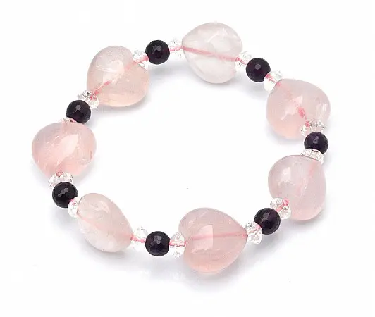 Rose Quartz Heart Shaped Bracelet with Amethyst and Clear Quartz Faceted Beads