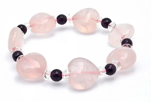 Rose Quartz Heart Shaped Bracelet with Amethyst and Clear Quartz Faceted Beads