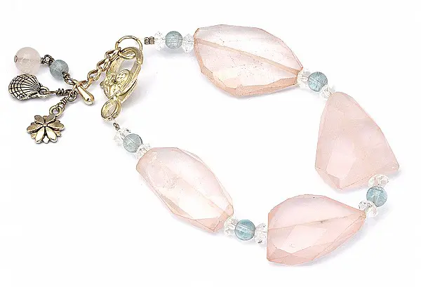 Rose Quartz Lamel Bracelet with Aquamarine and Silver