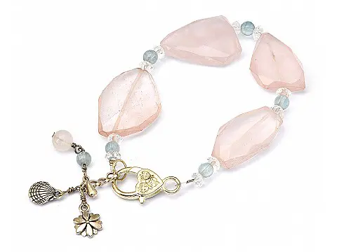 Rose Quartz Lamel Bracelet with Aquamarine and Silver