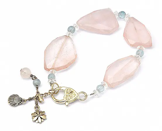 Rose Quartz Lamel Bracelet with Aquamarine and Silver