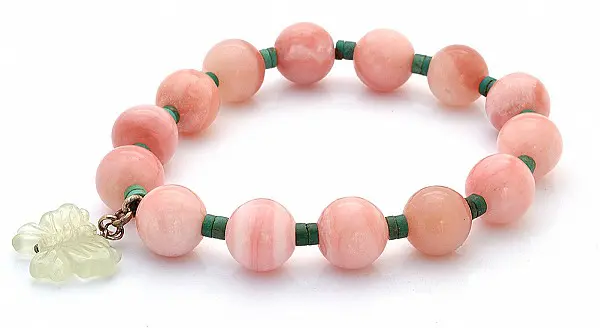 Pink Opal Beads Bracelet with Prehnite Butterfly Hanger