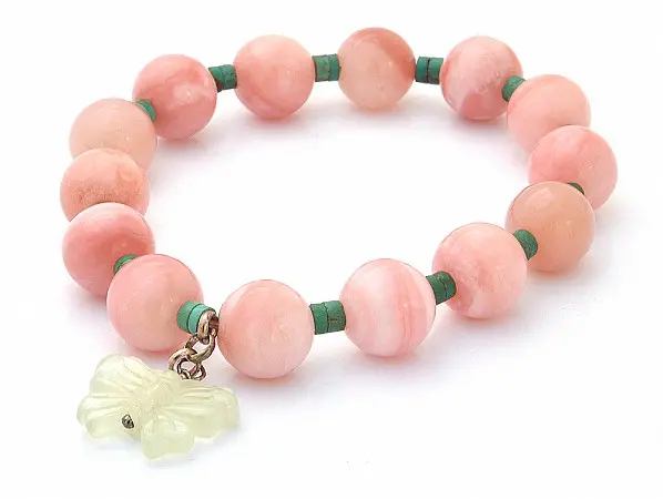 Pink Opal Beads Bracelet with Prehnite Butterfly Hanger