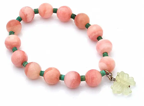 Pink Opal Beads Bracelet with Prehnite Butterfly Hanger