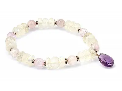 Moon Stone Kunzite beads Bracelet with faceted Amethyst pendant
