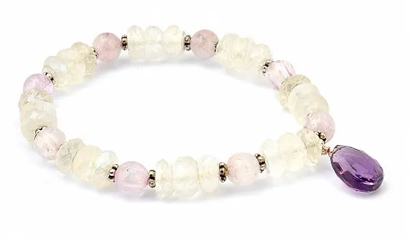 Moon Stone Kunzite beads Bracelet with faceted Amethyst pendant