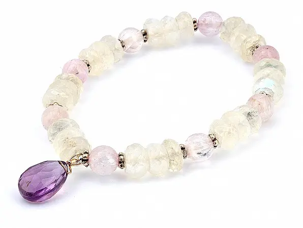 Moon Stone Kunzite beads Bracelet with faceted Amethyst pendant