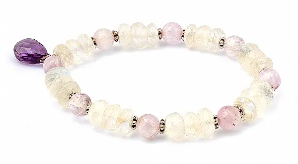 Moon Stone Kunzite beads Bracelet with faceted Amethyst pendant