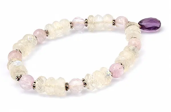 Moon Stone Kunzite beads Bracelet with faceted Amethyst pendant