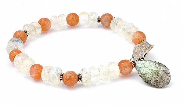 Sun Stone and Moon Stone Beads Bracelet with Labradorite and Silver Ornaments