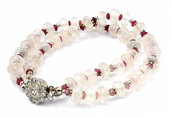 Moon Stone Pink Tourmaline Beads Bracelet with Silver Ornaments