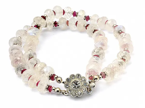Moon Stone Pink Tourmaline Beads Bracelet with Silver Ornaments