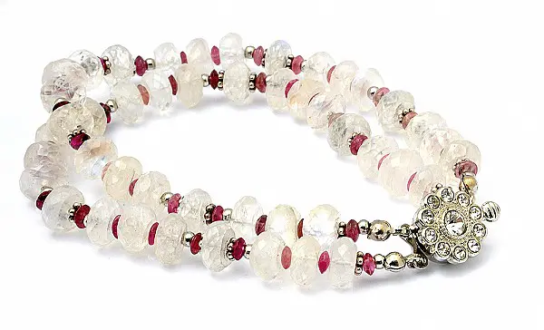 Moon Stone Pink Tourmaline Beads Bracelet with Silver Ornaments
