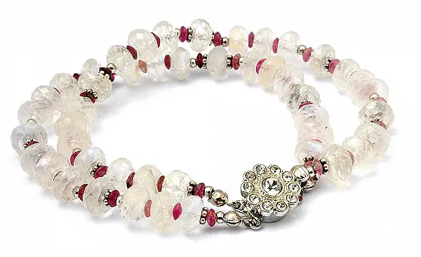 Moon Stone Pink Tourmaline Beads Bracelet with Silver Ornaments