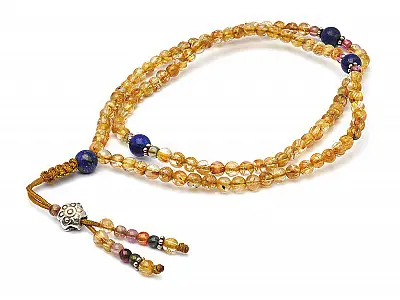 108 Beads Mala of Rutilated Quartz, Tourmaline and Lapis