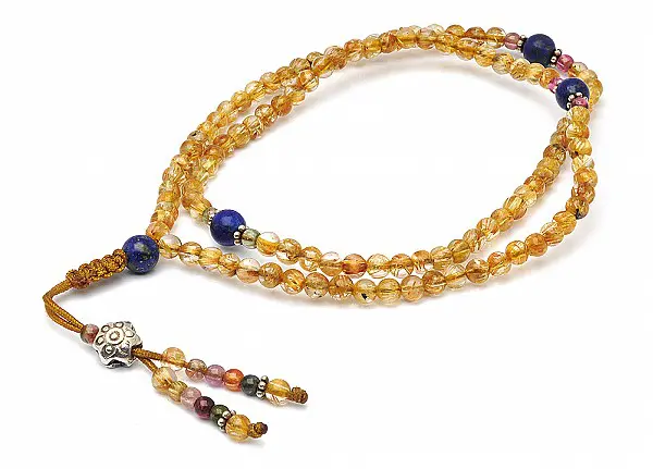 108 Beads Mala of Rutilated Quartz, Tourmaline and Lapis