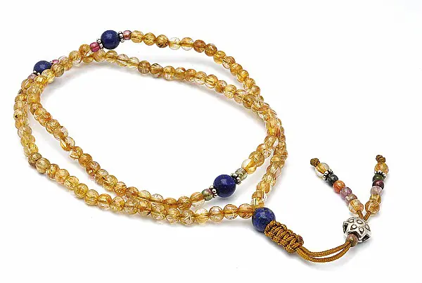 108 Beads Mala of Rutilated Quartz, Tourmaline and Lapis