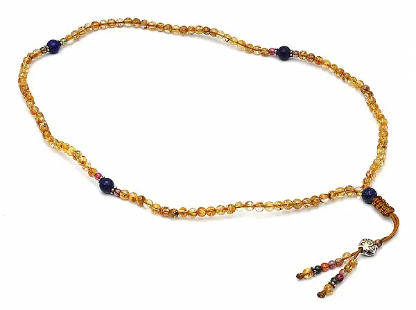108 Beads Mala of Rutilated Quartz, Tourmaline and Lapis