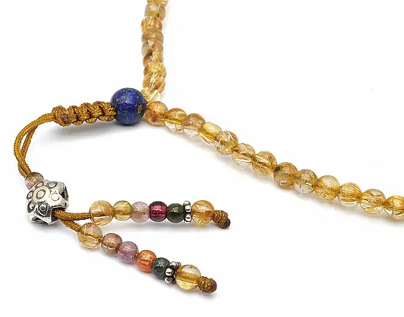 108 Beads Mala of Rutilated Quartz, Tourmaline and Lapis