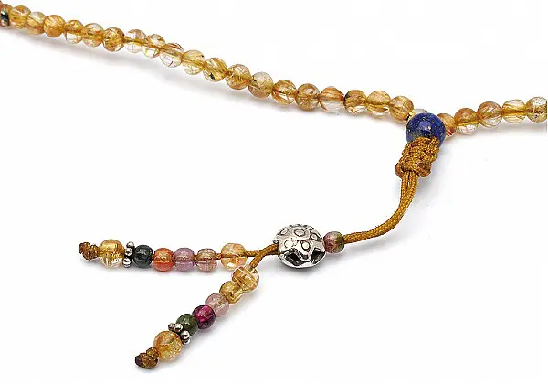 108 Beads Mala of Rutilated Quartz, Tourmaline and Lapis