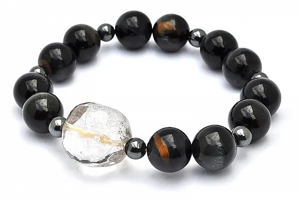 Blue Tiger Eye Bracelet with Silver Rutilated Quartz Bead