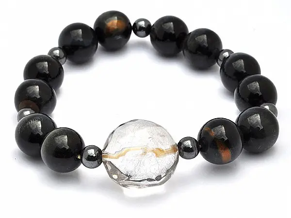 Blue Tiger Eye Bracelet with Silver Rutilated Quartz Bead