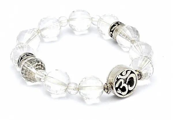 Clear Quartz faceted round Beads Bracelet with Silver OM