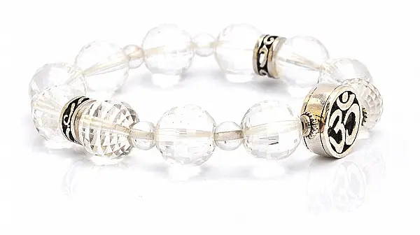 白水晶切割圓珠嗡字純銀手珠手鍊淨化、吉祥如意、保護