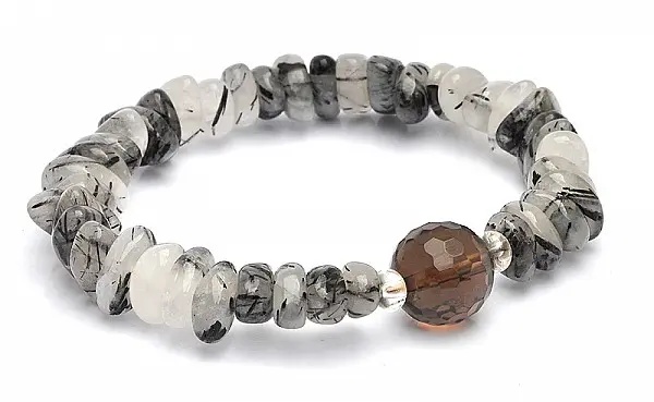 Black Rutilated Tourmaline and Smoky Quartz Bead Bracelet