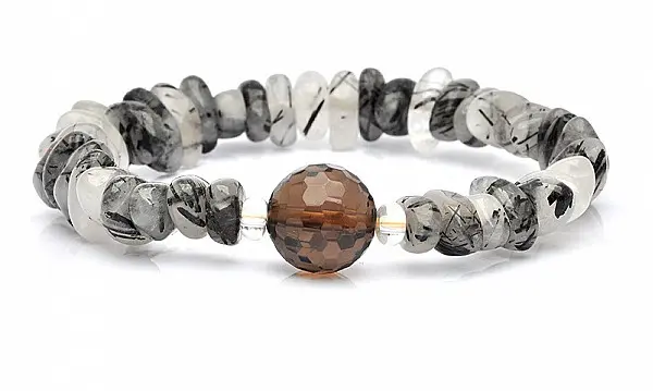 Black Rutilated Tourmaline and Smoky Quartz Bead Bracelet