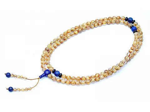 Genuine AAAA Golden Rutilated Quartz 8mm Beads Mala with Lapis