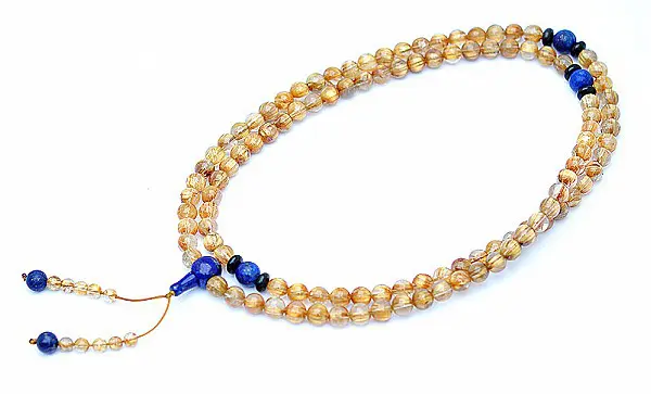 Genuine AAAA Golden Rutilated Quartz 8mm Beads Mala with Lapis